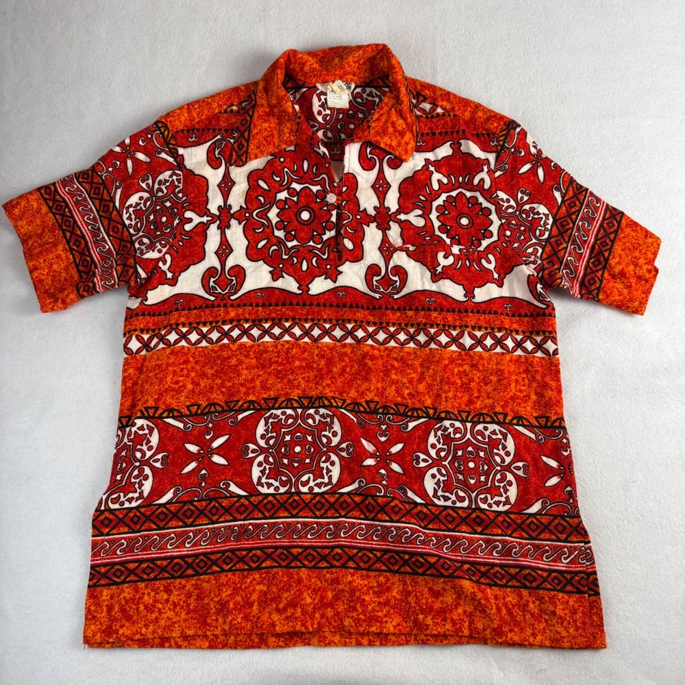 Vintage Holo-Holo Hawaiian Shirt Mens Large Orange Red Medallion Made in Hawaii